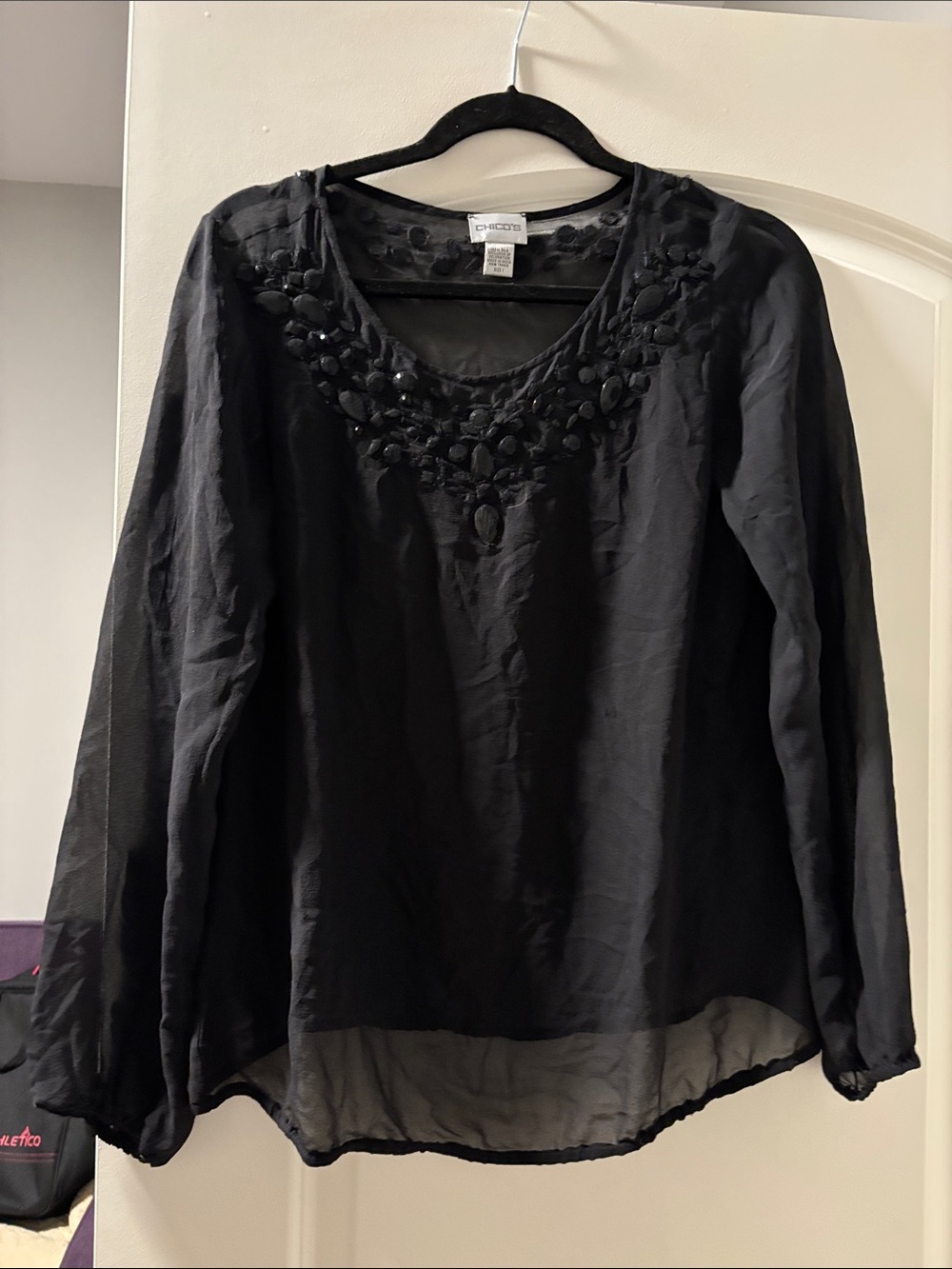 Chico's Black Beaded Scoop Neck Long Sleeve Top